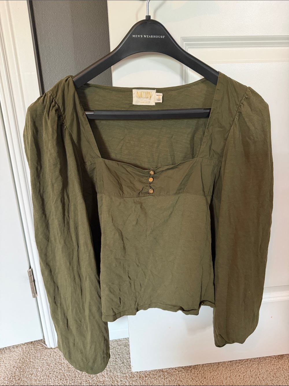 Nation LTD Olive Green Square Neck Puff Sleeve Top